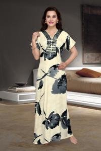 High Quality Rayon Floral Print Long Nighty - Beige with Black